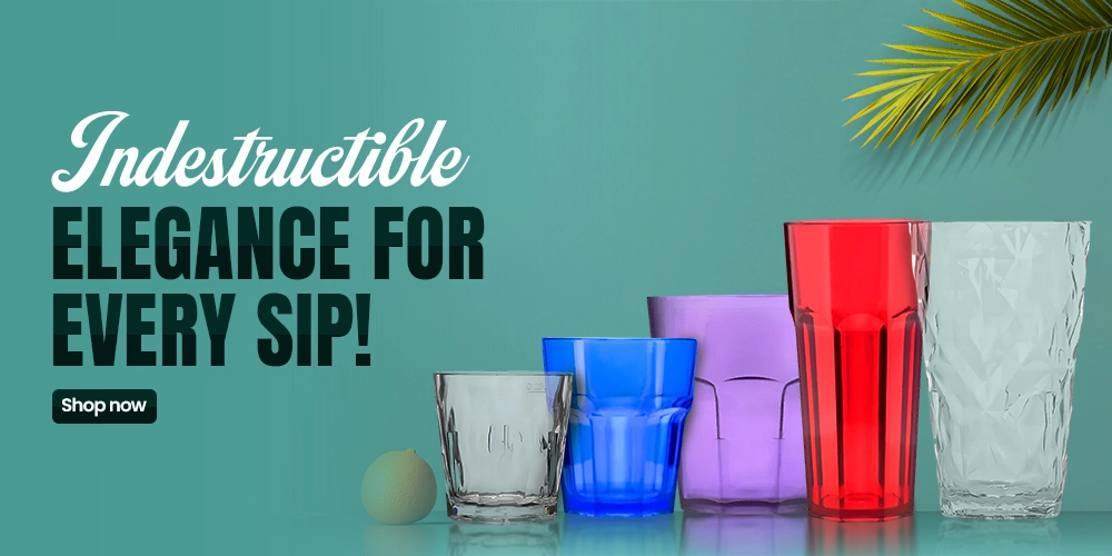 Banner showing unbreakable colorful glassware with elegant design, offering durability and style for serving beverages in any setting.